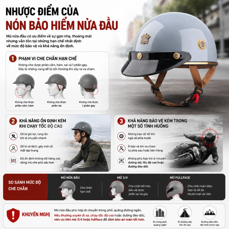 Có nên dùng mũ bảo hiểm nửa đầu không? nhược điểm của mũ bảo hiểm nửa đầu như thế nào