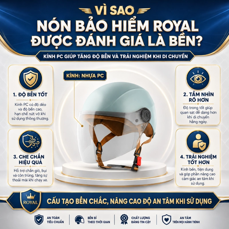 Nón bảo hiểm Royal có bền không? Có vì Kính làm từ PC cao cấp