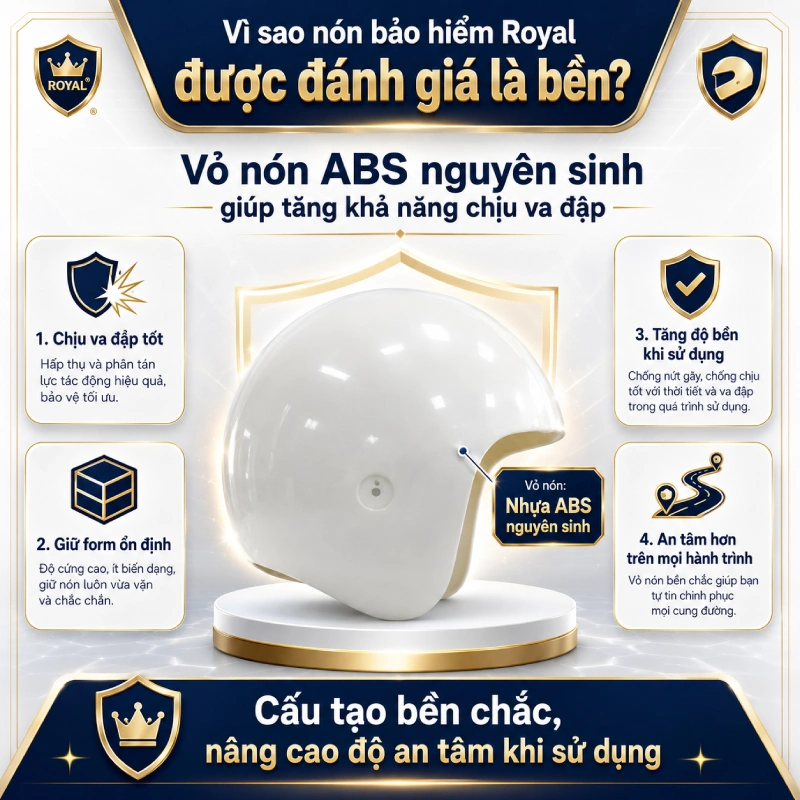 Nón bảo hiểm Royal có bền không? Có vì Vỏ nón ABS nguyên sinh giúp tăng khả năng chịu va đập