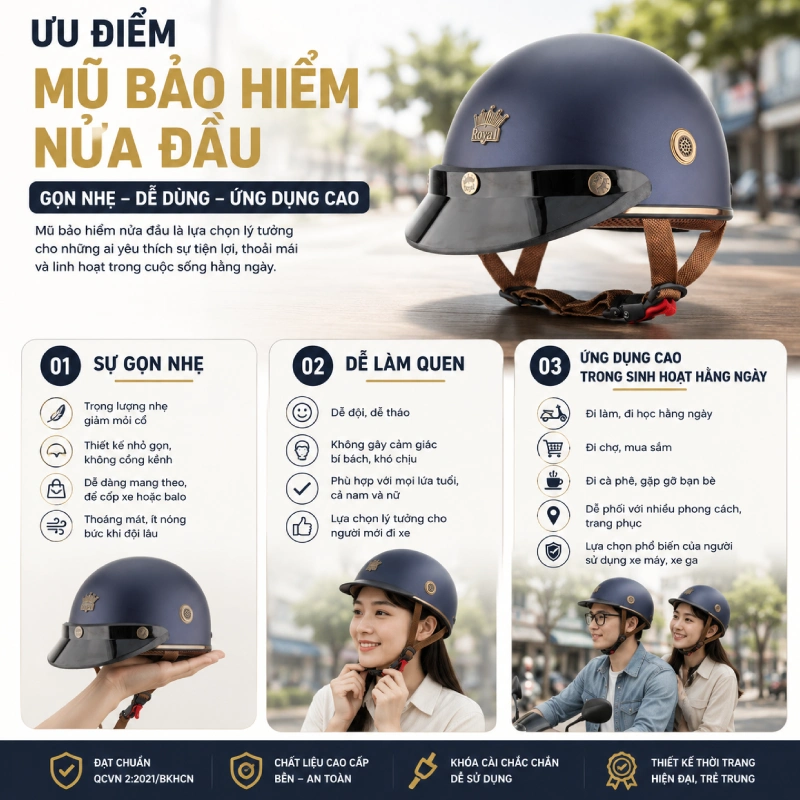 Có nên dùng mũ bảo hiểm nửa đầu không? Ưu điểm của mũ bảo hiểm nửa đầu là gì