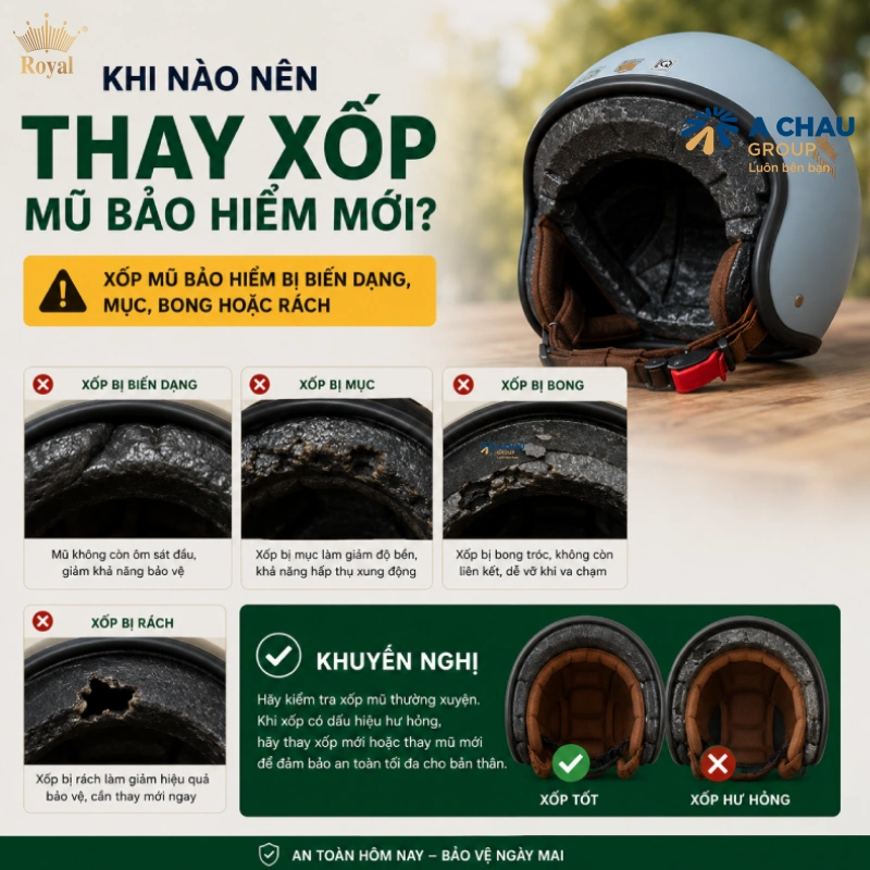 Khi nào nên thay xốp mũ bảo hiểm mới? Khi xốp bị biến dạng, mục, bong hoặc rách