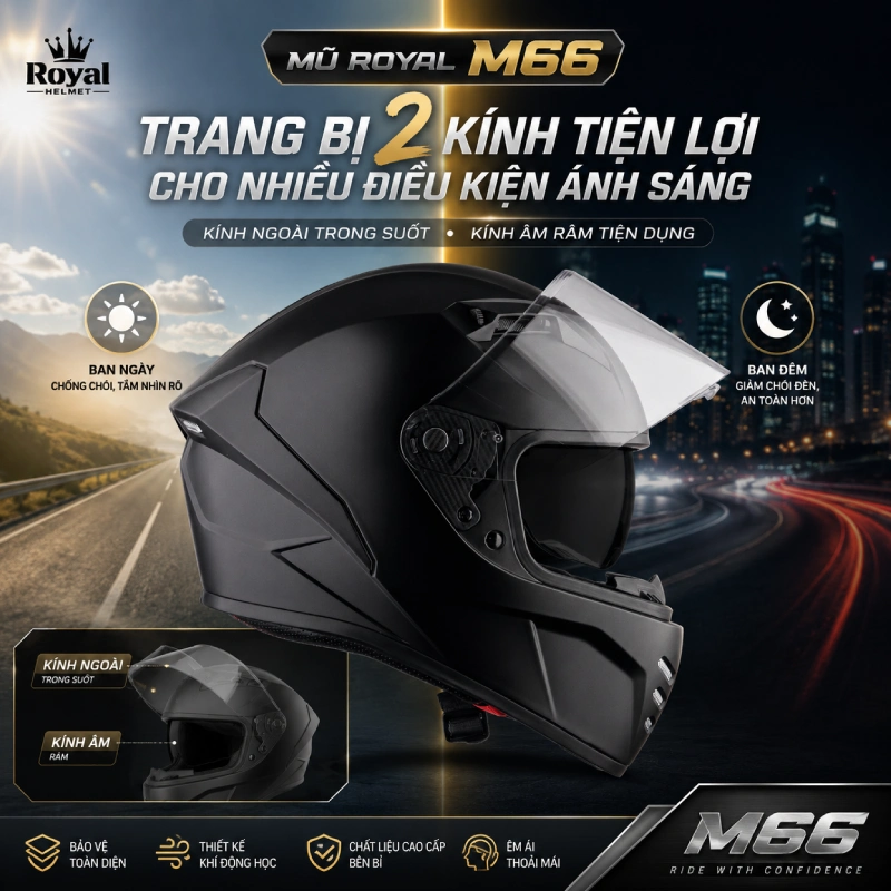 Mũ bảo hiểm Royal M66 được trang bị 2 kính tiện lợi cho nhiều điều kiện ánh sáng