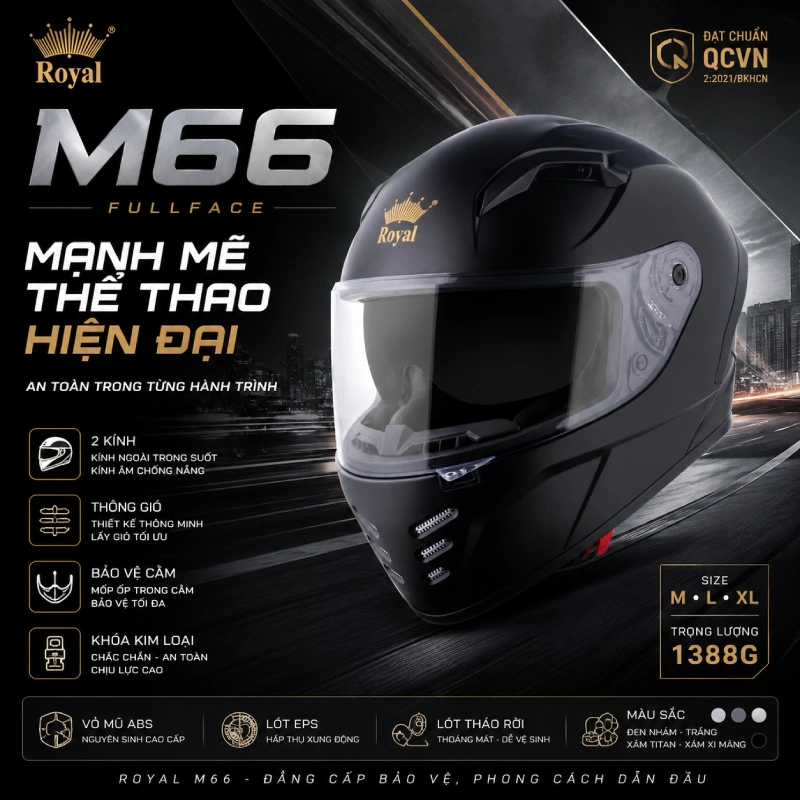 Mũ bảo hiểm Royal M66 được thiết kế mạnh mẽ, thể thao