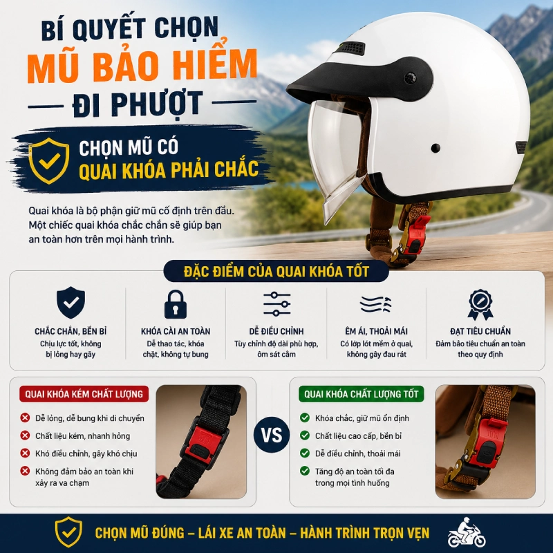 Quai khóa phải chắc, vì mũ an toàn phải nằm đúng vị trí