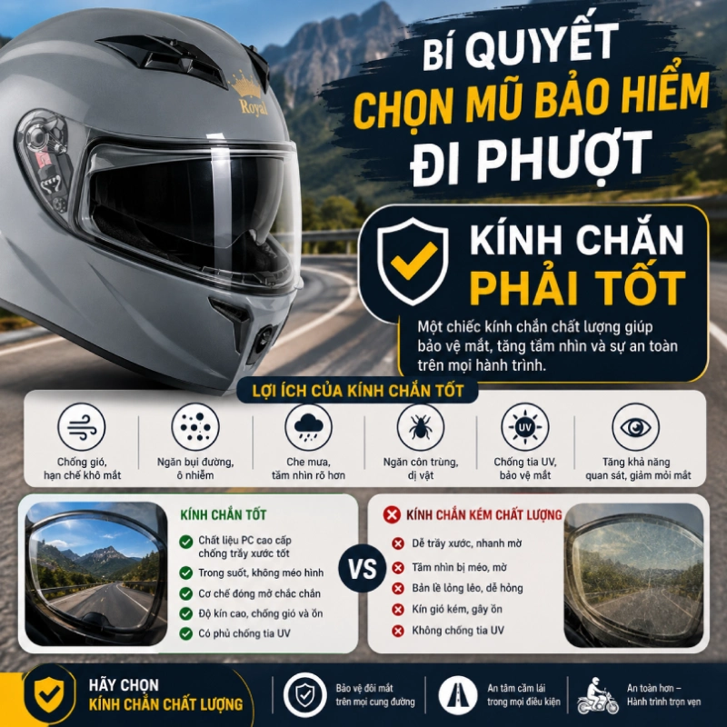 Bí quyết chọn mũ bảo hiểm đi phượt là Kính chắn phải tốt
