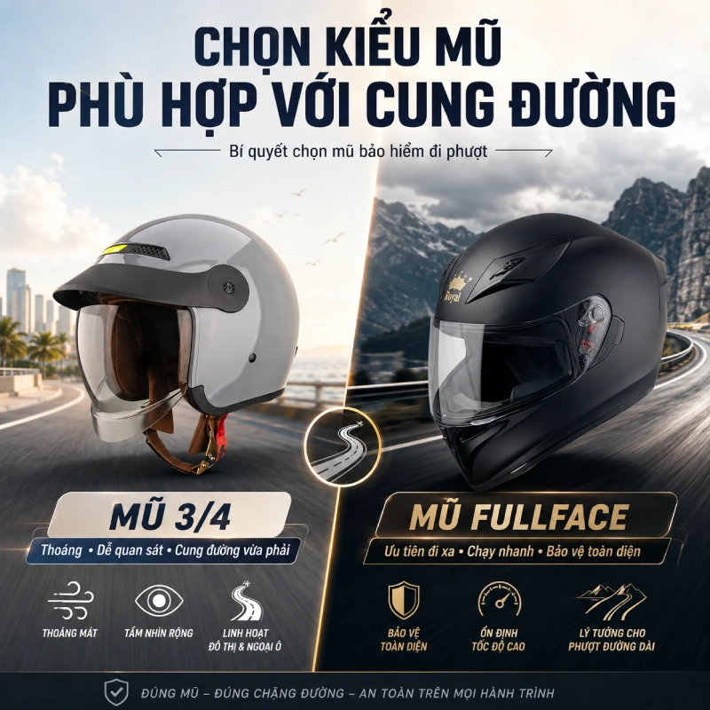 Bí quyết chọn mũ bảo hiểm đi phượt là Chọn kiểu mũ phù hợp với cung đường