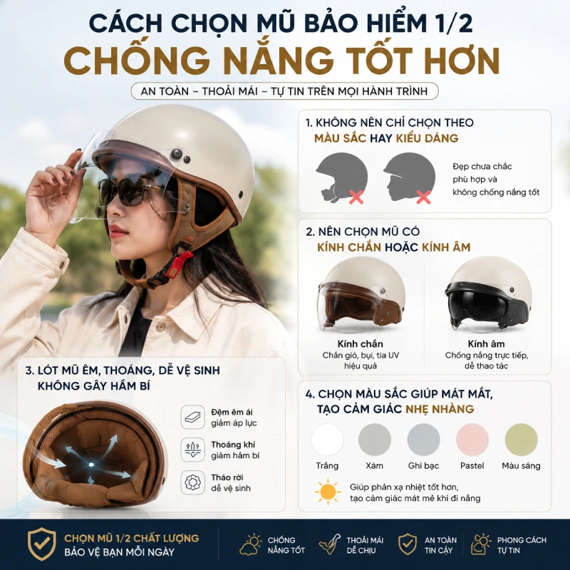 Cách chọn mũ bảo hiểm 1/2 chống nắng tốt hơn