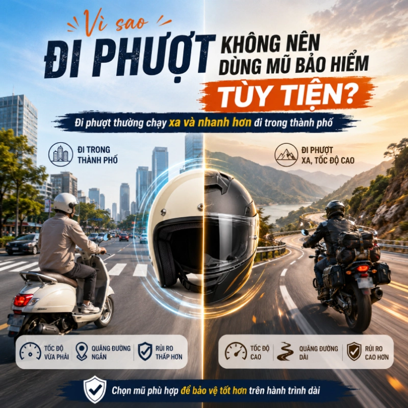 Đi phượt không nên dùng mũ bảo hiểm tùy tiện vì đi phượt sẽ tốc độ nhanh và xa hơn đường trong thành phố