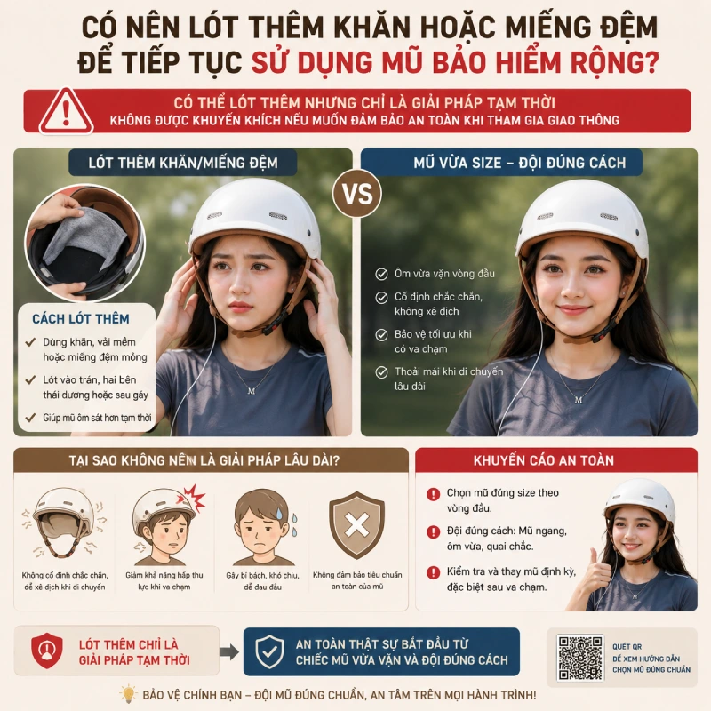 Có nên lót thêm khăn hoặc miếng đệm để tiếp tục sử dụng mũ bảo hiểm rộng?