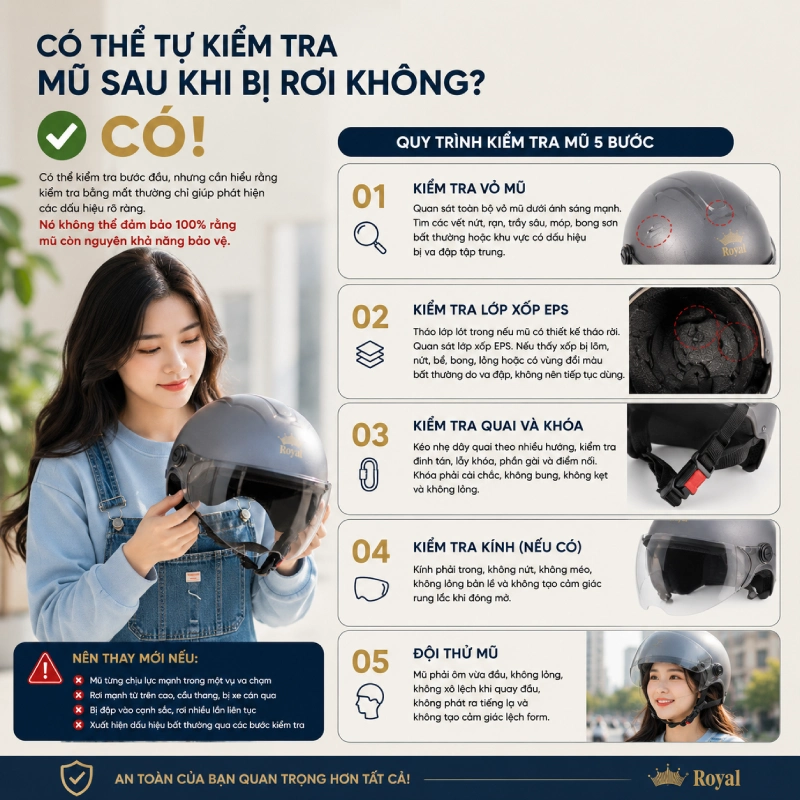 Có thể tự kiểm tra mũ sau khi bị rơi không?