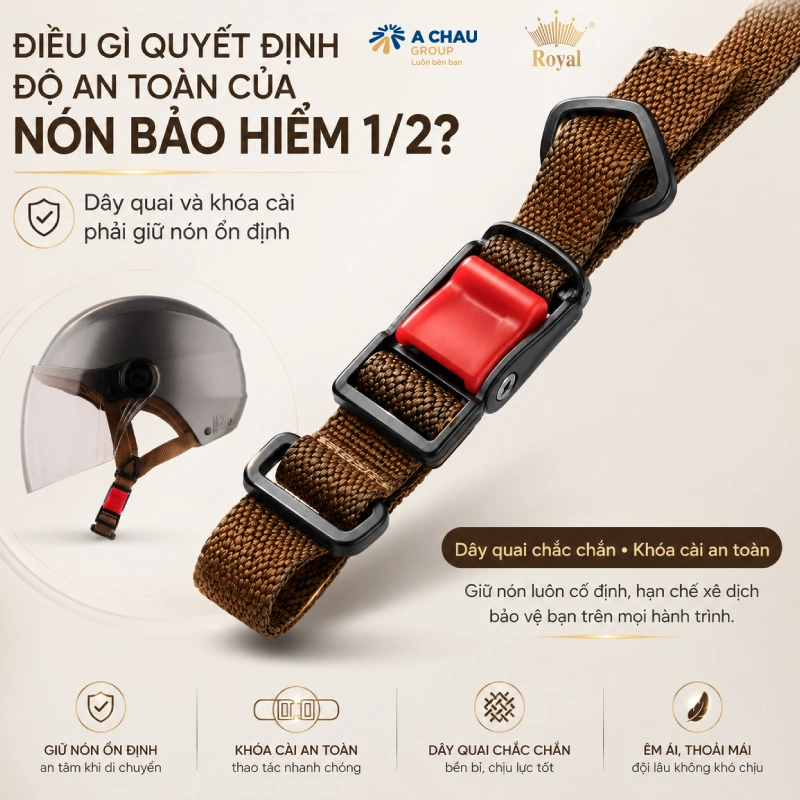 Điều gì quyết định độ an toàn của nón bảo hiểm 1/2? Dây quai và khóa cài phải giữ nón ổn định