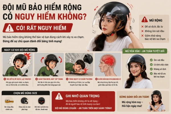 Đội mũ bảo hiểm rộng có nguy hiểm không?
