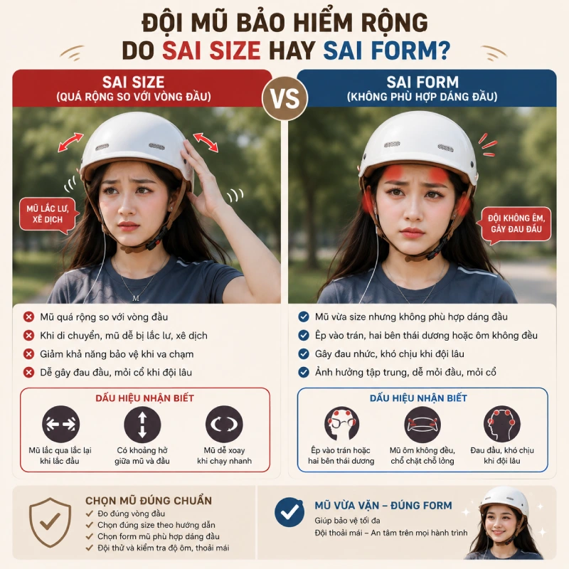 Đội mũ bảo hiểm rộng do sai size hay sai form?