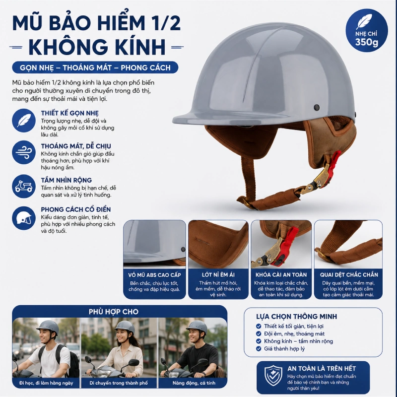 Mũ bảo hiểm 1/2 không kính