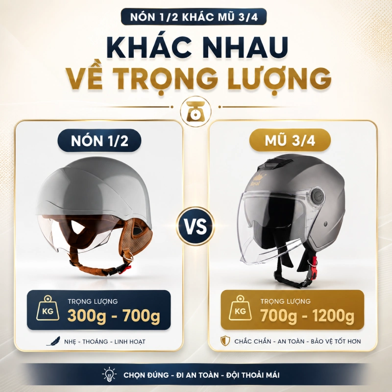 Nón 1/2 khác gì mũ 3/4? Khác nhau về trọng lượng