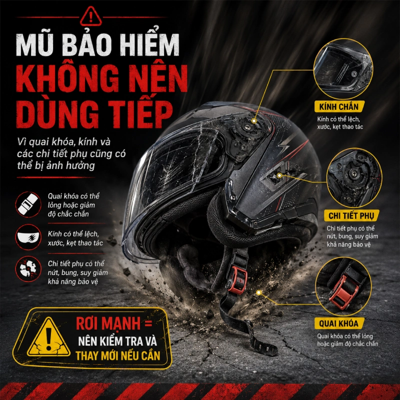 Mũ bảo hiểm bị rơi mạnh không nên sử dụng tiếp vì Quai khóa, kính và các chi tiết phụ cũng có thể bị ảnh hưởng