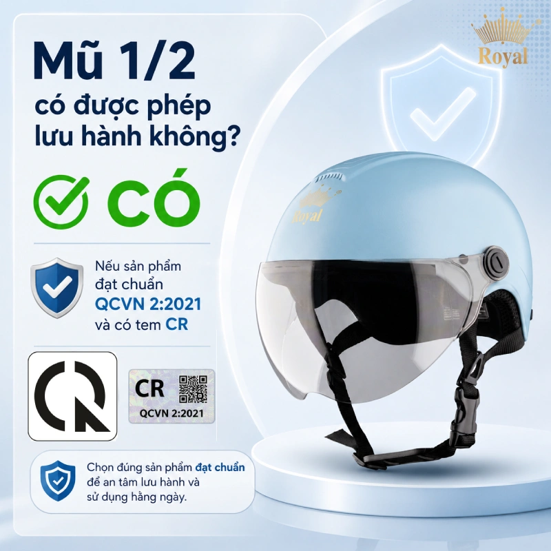 Mũ 1/2 có được phép lưu hành không? có nếu mũ đạt chuẩn chất lượng QCVN 2:2021