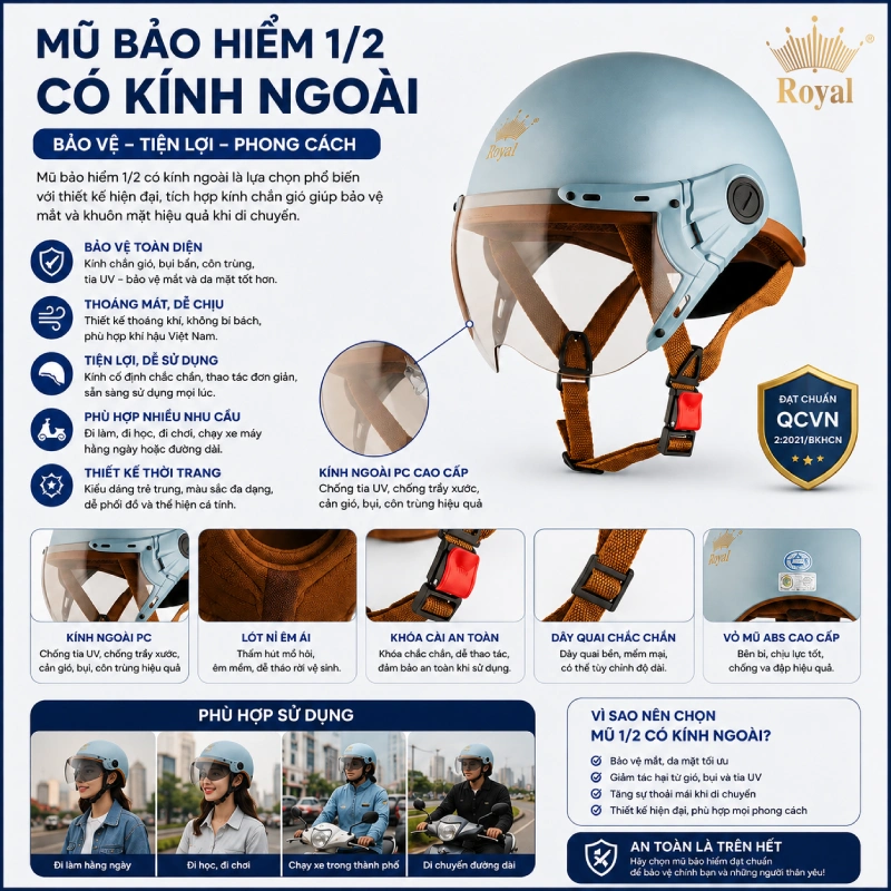 Mũ bảo hiểm 1/2 có kính ngoài