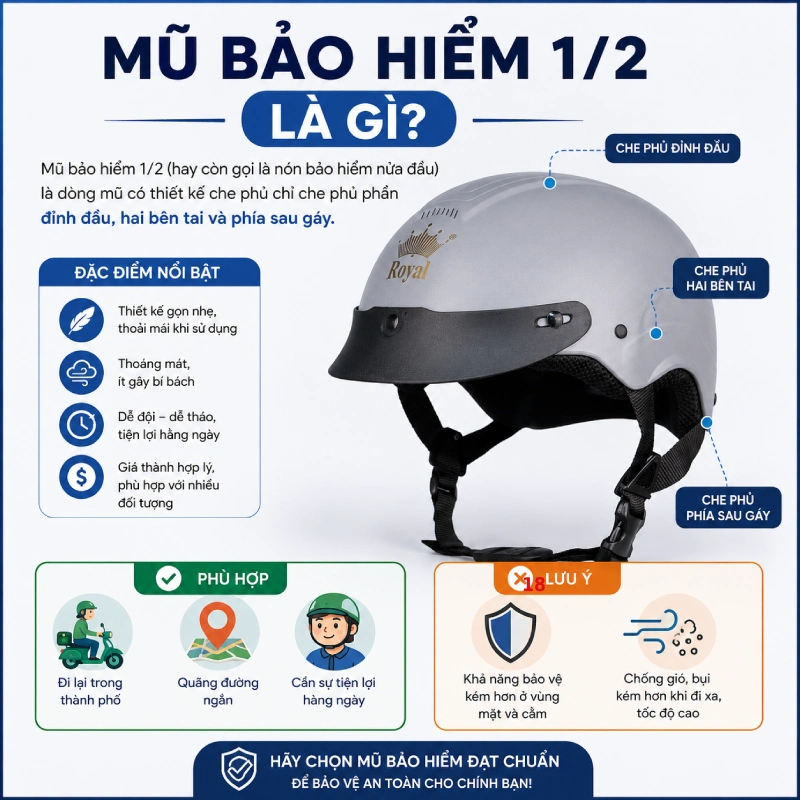 Mũ bảo hiểm 1/2 là gì Mũ bảo hiểm 1/2 (hay còn gọi là nón bảo hiểm nửa đầu) là dòng mũ có thiết kế che phủ chỉ che phủ phần đỉnh đầu, hai bên tai và phía sau gáy.