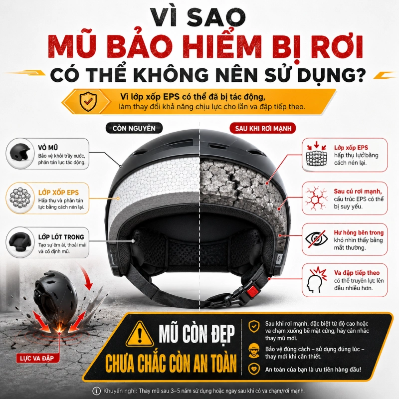 Mũ bảo hiểm bị rơi mạnh không nên sử dụng tiếp vì Lớp xốp EPS bị tác động làm thay đổi khả năng chịu lực tiếp theo