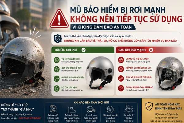 Mũ bảo hiểm bị rơi mạnh có nên tiếp tục sử dụng không?