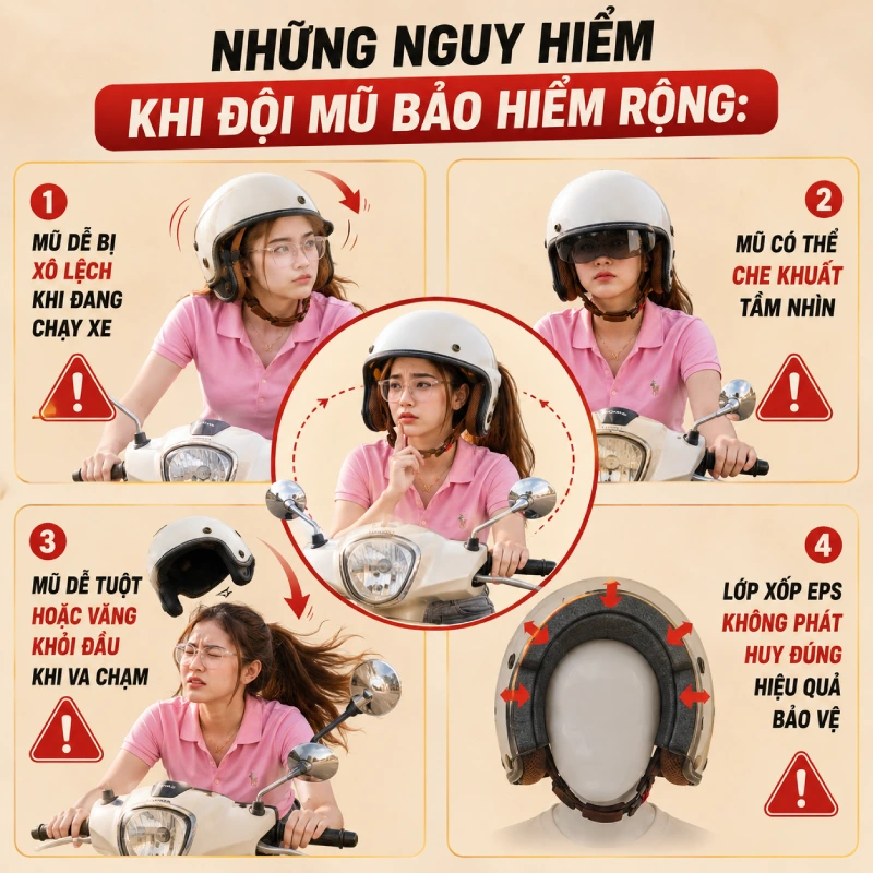 Những nguy hiểm khi đội mũ bảo hiểm rộng