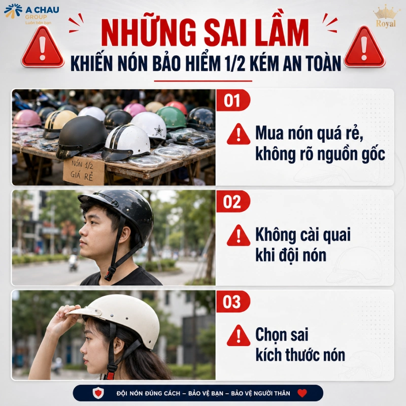 Những sai lầm khiến nón bảo hiểm 1/2 kém an toàn