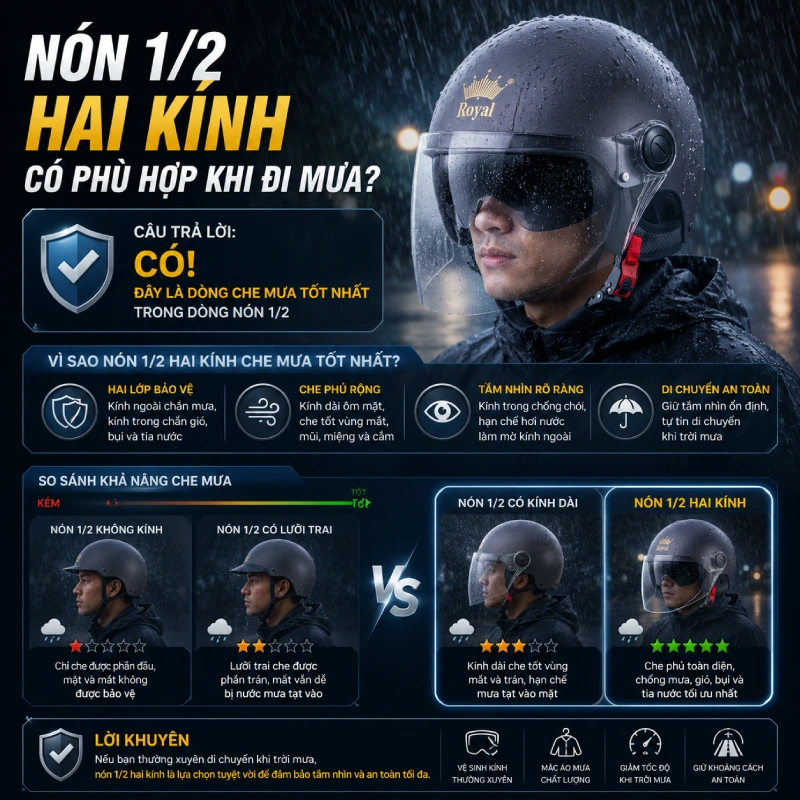 Nón 1/2 hai kính có phù hợp khi đi mưa không?