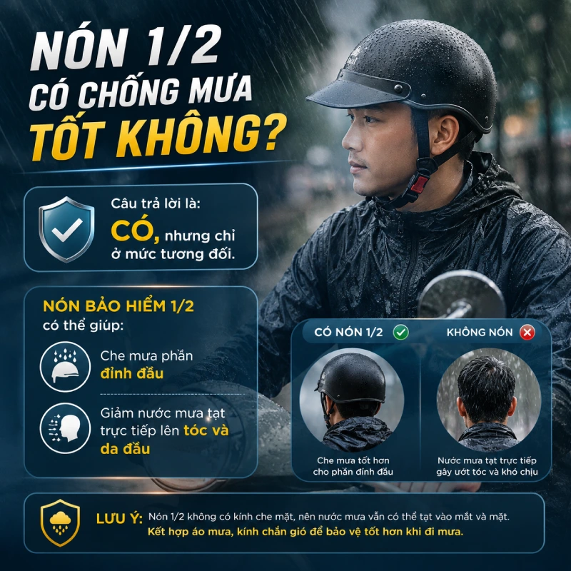 Nón 1/2 có chống mưa tốt không?