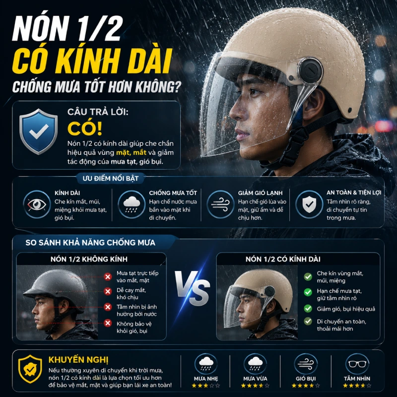 Nón 1/2 có kính dài chống mưa tốt hơn không?