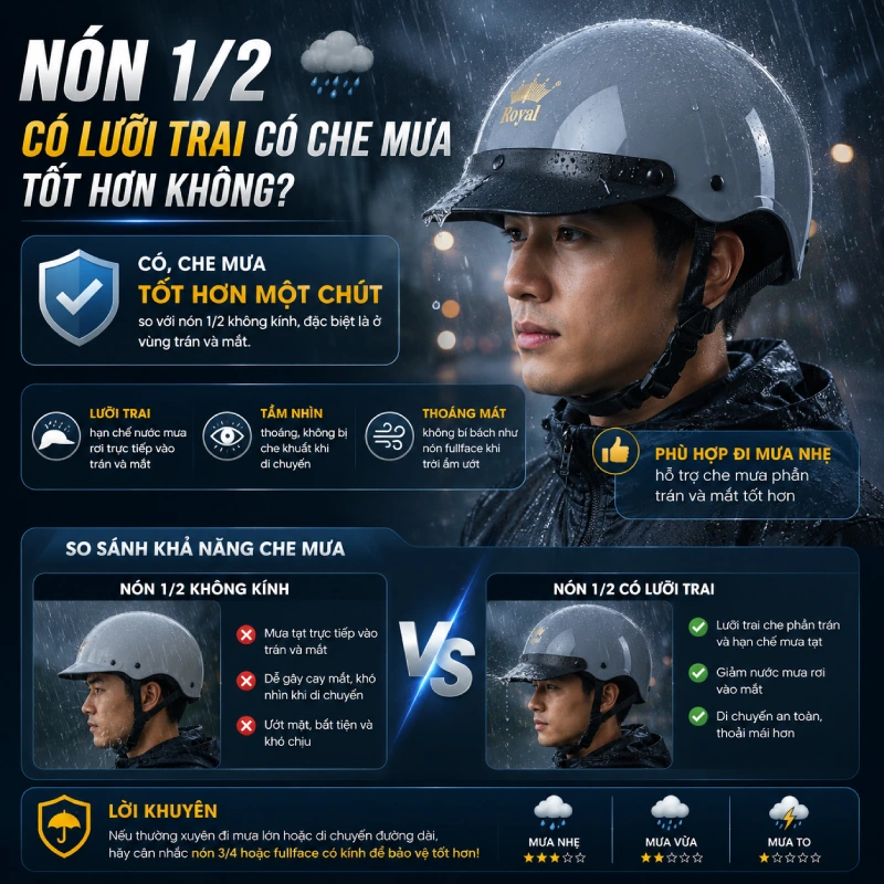 Nón 1/2 có lưỡi trai có che mưa tốt hơn không?