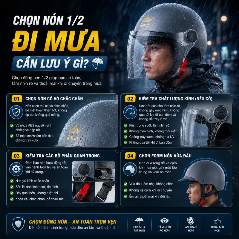 Chọn nón 1/2 đi mưa cần lưu ý gì?