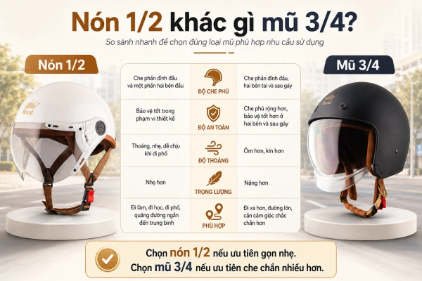 Nón 1/2 khác gì mũ 3/4?