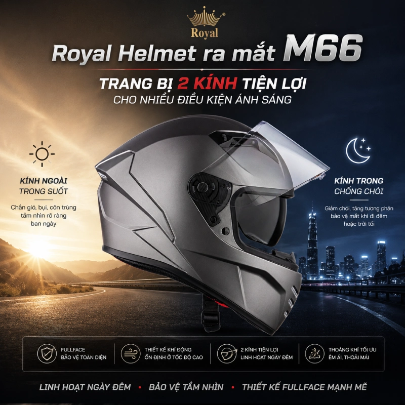 Royal Helmet ra mắt M66: Trang bị 2 kính tiện lợi cho nhiều điều kiện ánh sáng