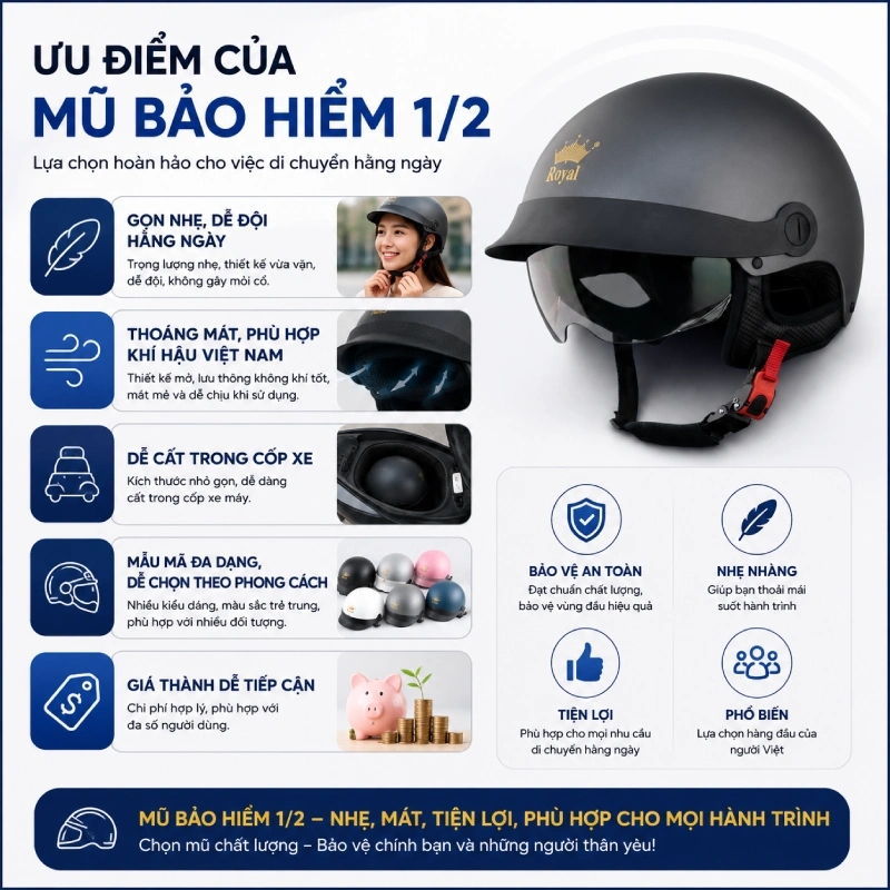 Mũ bảo hiểm 1/2 là gì? Ưu điểm như thế nào