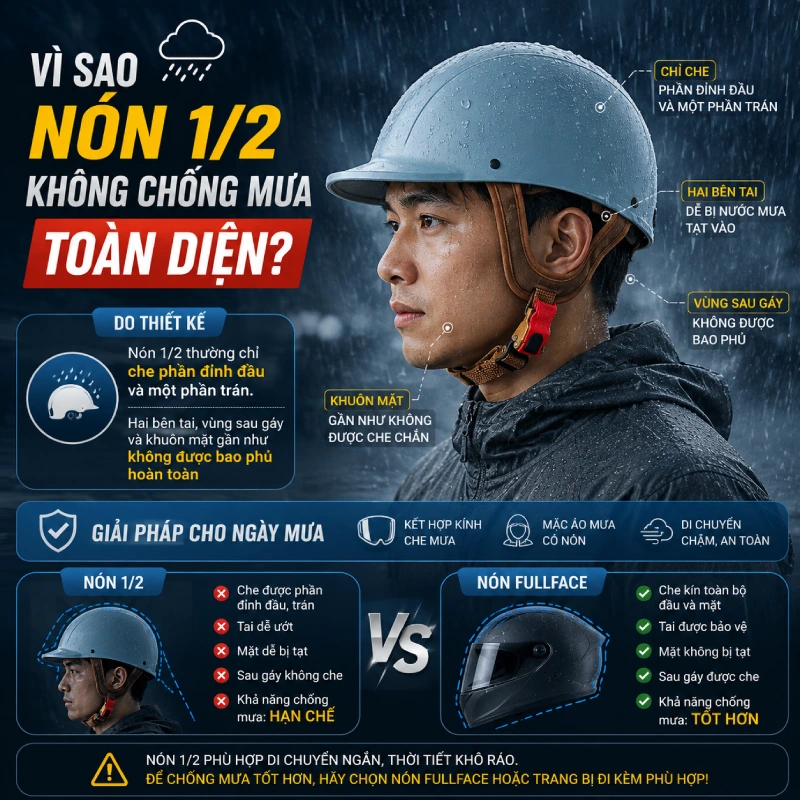 Vì sao nón 1/2 không chống mưa toàn diện?