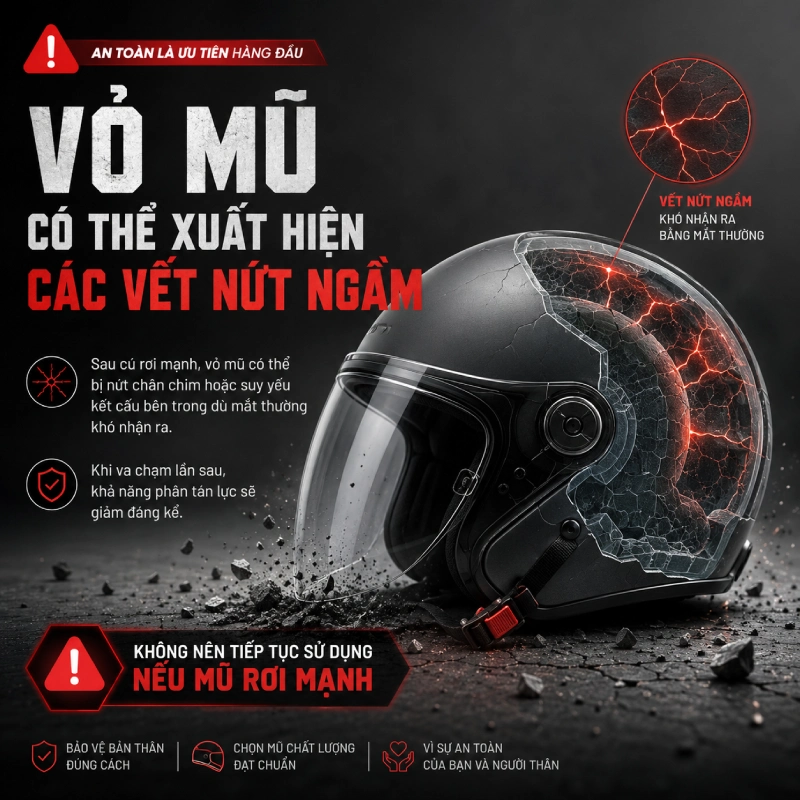 Mũ bảo hiểm bị rơi mạnh không nên sử dụng tiếp vì Vỏ mũ có thể xuất hiện các vết nứt ngầm
