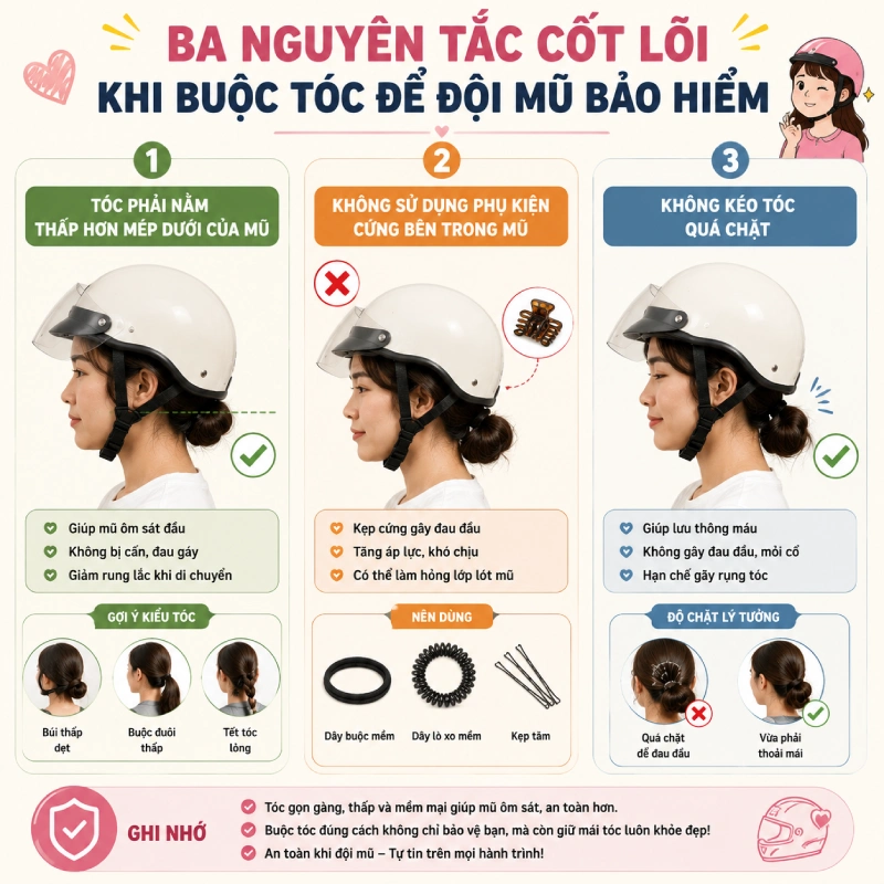 Ba nguyên tắc cốt lõi khi buộc tóc để đội mũ bảo hiểm