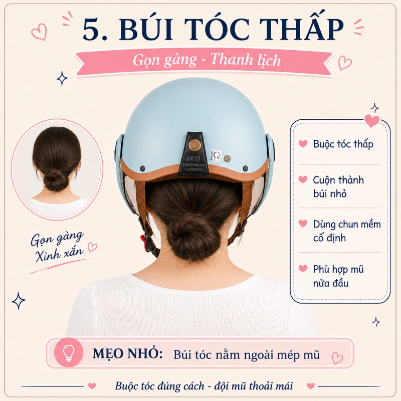Cách buộc tóc khi đội mũ bảo hiểm theo kiểu búi tóc thấp