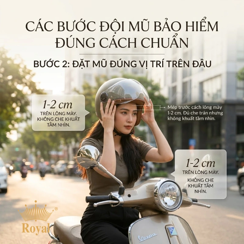 Các bước đội mũ bảo hiểm đúng cách Bước 2. Đặt mũ đúng vị trí trên đầu