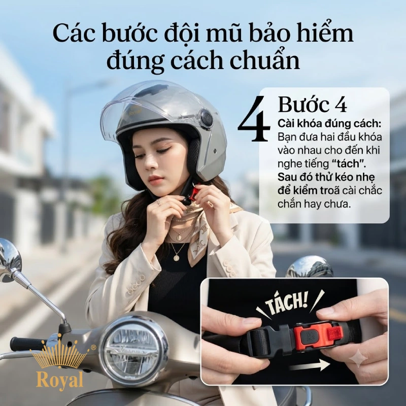 Các bước đội mũ bảo hiểm đúng cách Các bước đội mũ bảo hiểm đúng cách Bước 3. Điều chỉnh dây quai Bước 4. Cài khóa đúng cách