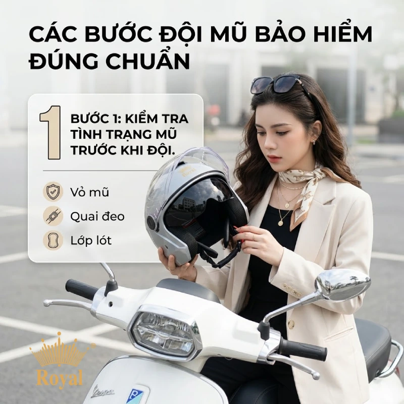 Các bước đội mũ bảo hiểm đúng cách bước 1: Kiểm tra tình trạng mũ trước khi đội