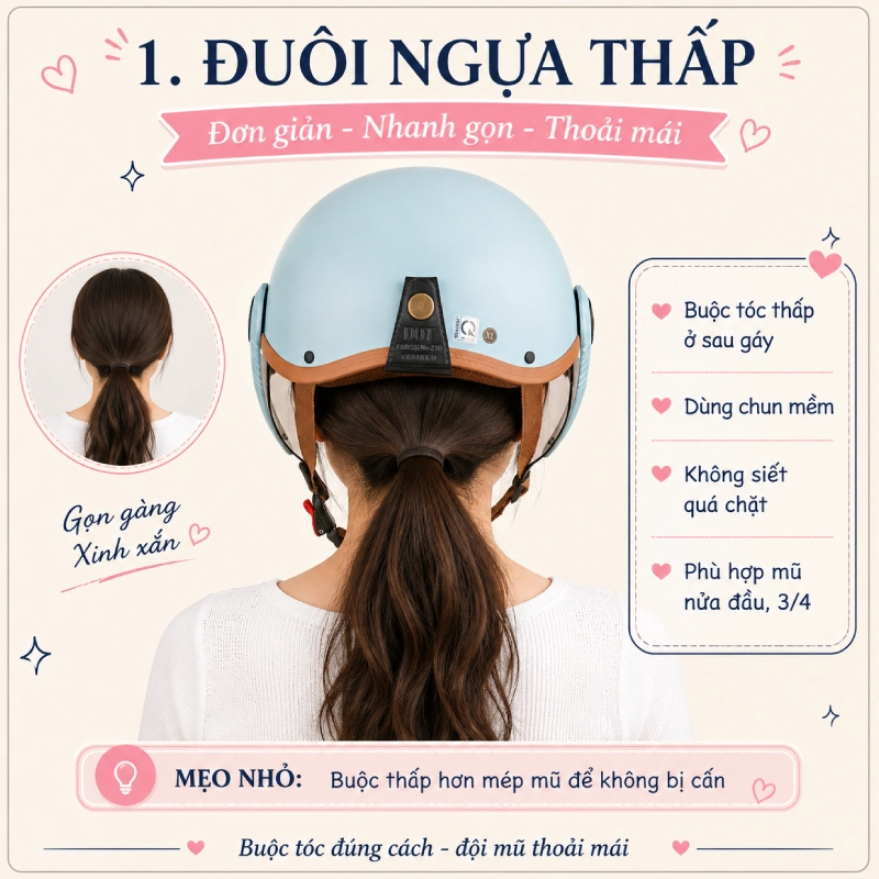 Cách buộc tóc khi đội mũ bảo hiểm theo kiểu đuôi ngựa thấp