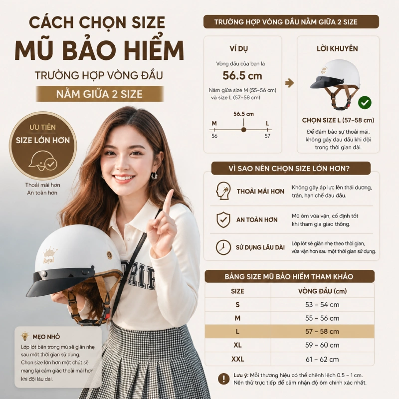 Cách chọn size mũ bảo hiểm trường hợp vòng đầu nằm giữa 2 size 