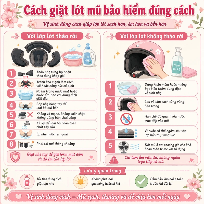 Cách giặt lót mũ bảo hiểm đúng cách