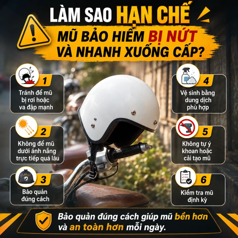 Làm sao hạn chế mũ bảo hiểm bị nứt và nhanh xuống cấp?