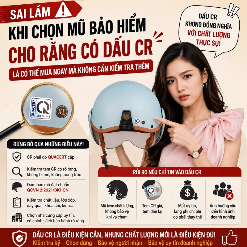 Sai lầm khi chọn mũ bảo hiểm là cứ nghĩ có tem CR là không cần kiếm tra