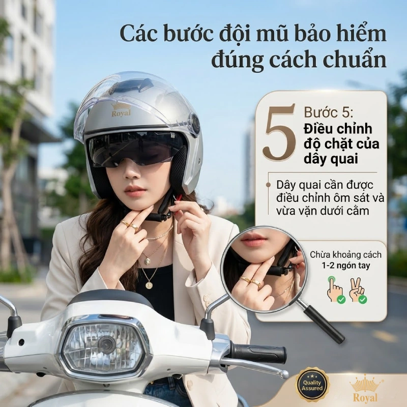 Các bước đội mũ bảo hiểm đúng cách Các bước đội mũ bảo hiểm đúng cách Bước 5. Điều chỉnh độ chặt của dây quai