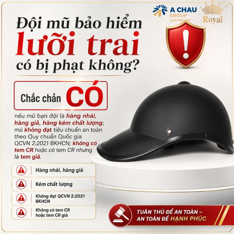 Đội mũ bảo hiểm lưỡi trai có bị phạt không? Chắc chắn CÓ nếu mũ bạn đội là hàng nhái, hàng giả hàng kém chất lượng, mũ không đạt tiêu chuẩn an toàn theo quy chuẩn Quốc Gia