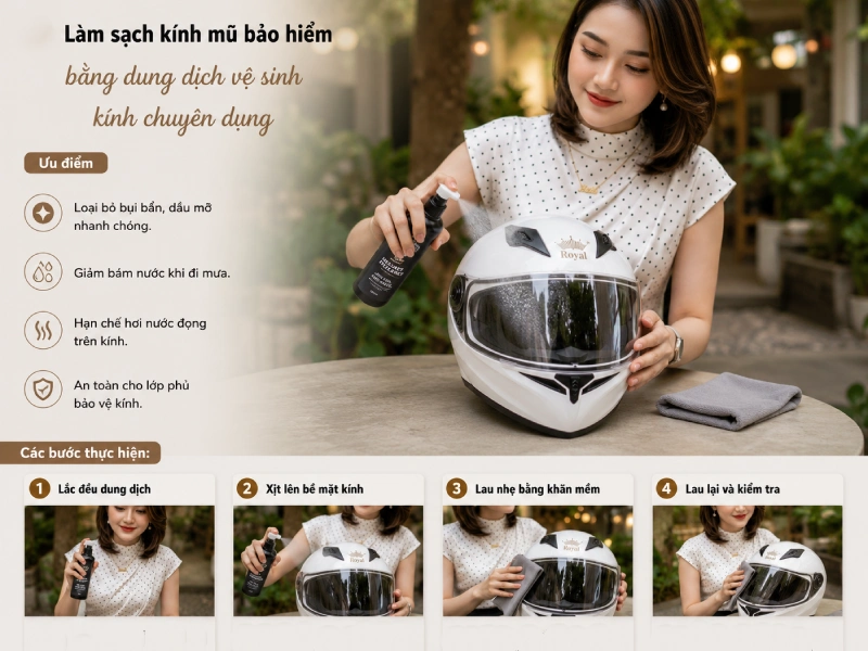 Sử dụng dung dịch vệ sinh kính chuyên dụng để làm sạch kính mũ bảo hiểm